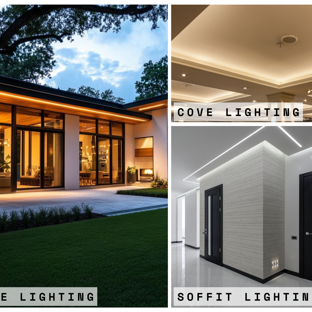 three panel collage showing eave lighting, soffit lighting, and cove lighting