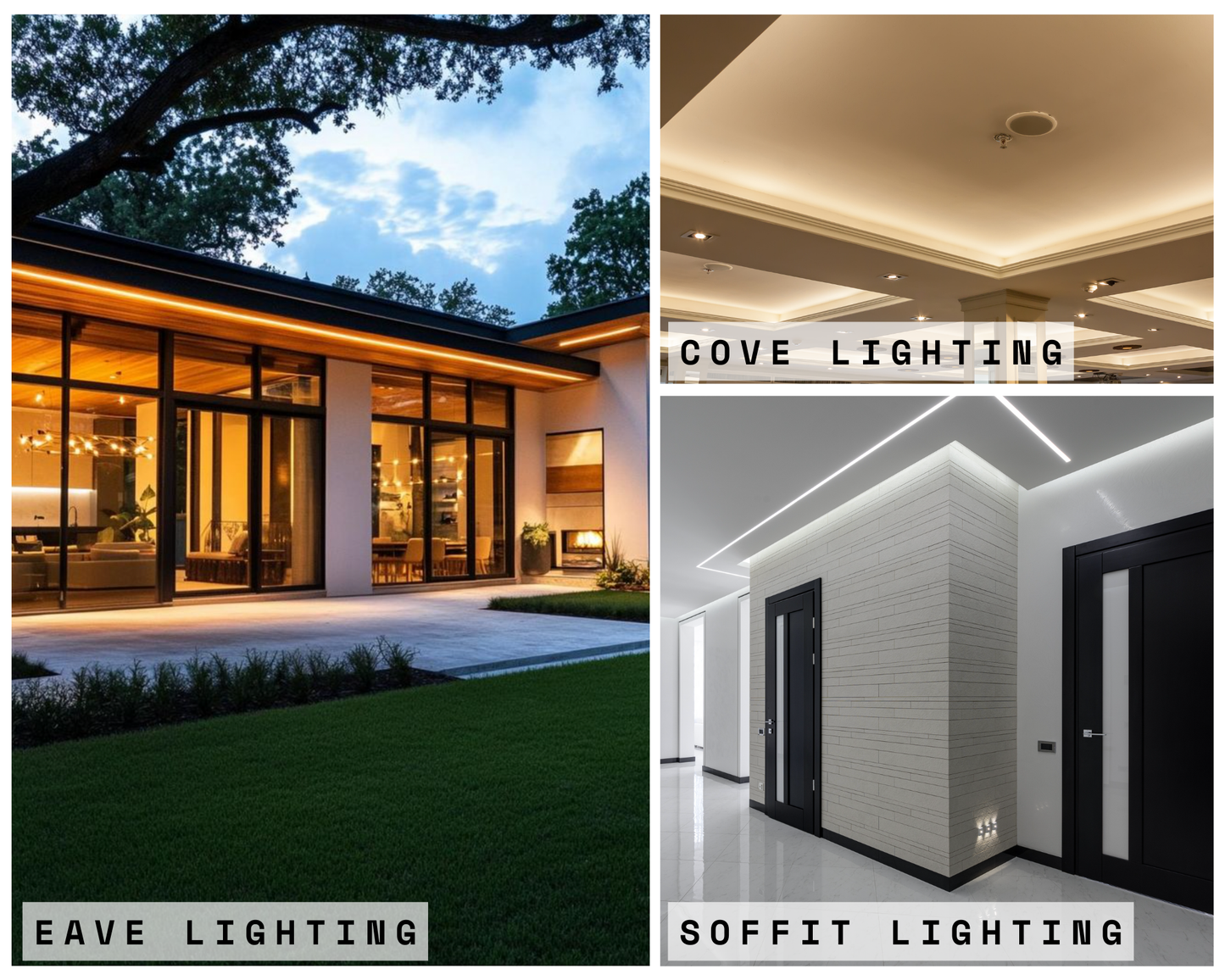 three panel collage showing eave lighting, soffit lighting, and cove lighting