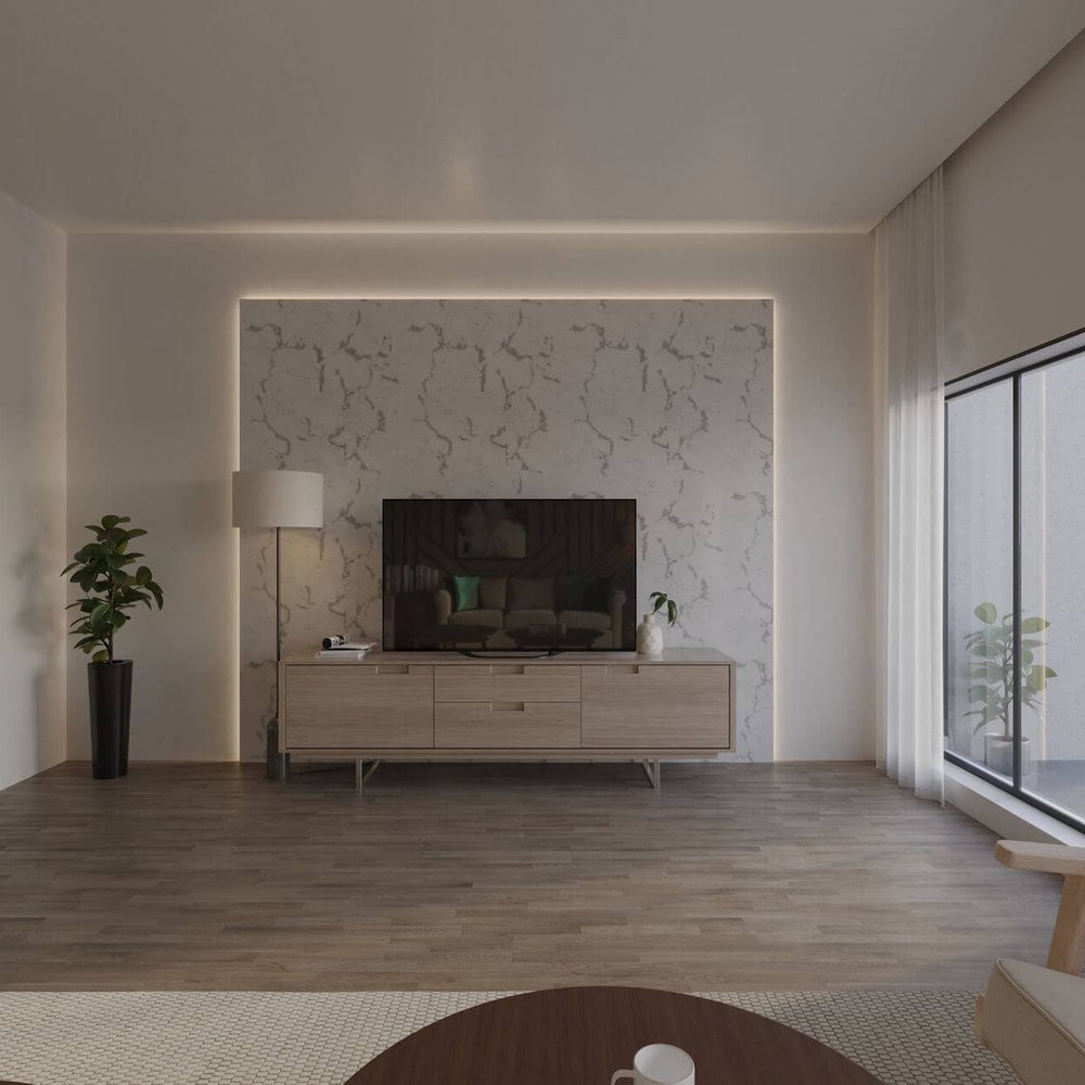 modern cream toned living room with white led strip lighting